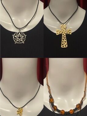 Mixed Vintage Women’s Jewelry Set - Gold & Silver Pendants & Amber Bead Necklace